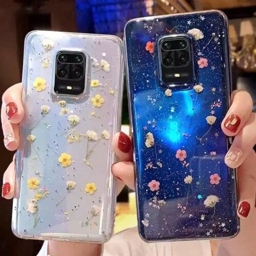 LOVECOM Pressed Real Dry Flowers Glitter Clear Case For Xiaomi Redmi Note 10 9 Pro 10S 9S 8 7 Mi 10T Pro Soft Phone Back Cover