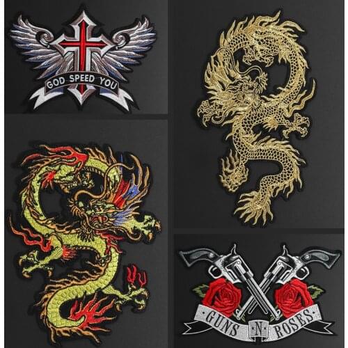 Big Patches Punk Double Guns Roses Embroidery Clothes Stickers Jacket Backpack gold Dragon decorate Patch Accessories