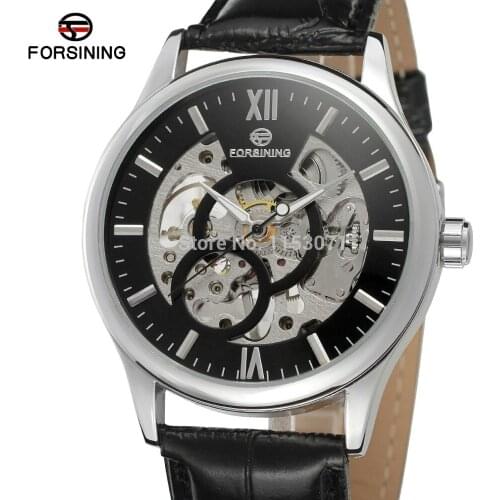 2016 NEW FORSINING FSG8094M3S3 silver color case black dial with silver color bars index skeleton black leather strap gift box