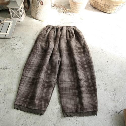 2021 new mori girl fashion casual womens clothing All-match simple retro plaid lace stitching woolen casual pants