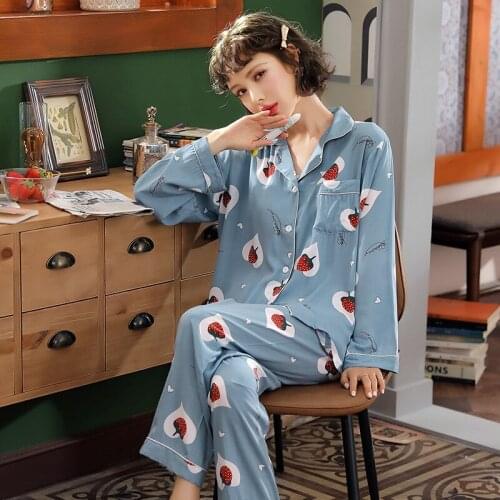 Autumn Womens Pajamas Sets 2pcs Long-Sleeved Pyjamas Fruit Floral Print Cotton Home Clothes Ladies Pijamas For Girls Sleepwear