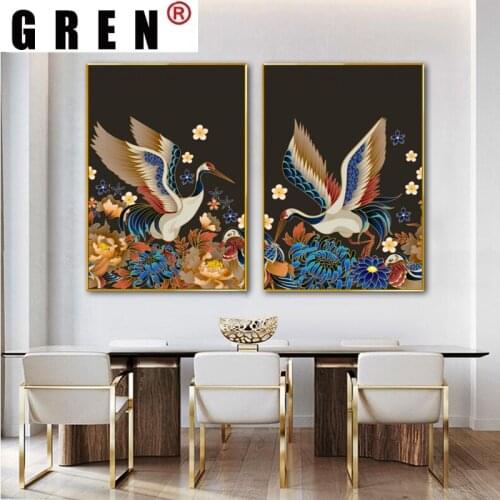 GREN Retro Crane Flower Posters Canvas Prints Animal Pictures Prints Abstract Wall Art Painting For Living Room Home Decor