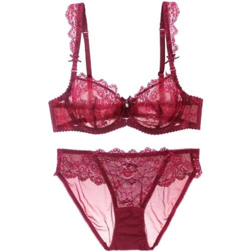 Transparent Womens Big Size Lace Floral Embroidery Underwire Bra & Panty Lingerie Ultra-thin Bra Set 32 34 36 38 40 42 A B C D