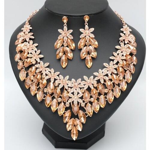 Luxury Indian Statement Chunky Bib Necklaces Earrings Rose Gold Color Wedding Costume Jewelry Sets Accessories for Women Gifts