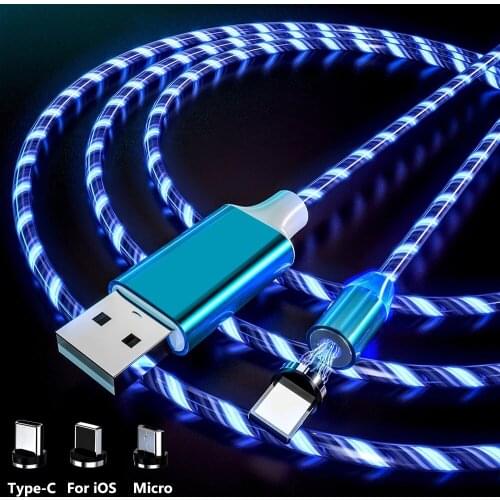 Flow Luminous Lighting Data Cable Magnetic Charging Mobile Phone Cable Type C Wire Cord For Iphone Samsung Huawei Xiaomi 1m 2m