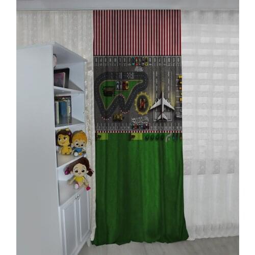 Yeşil çocuk odası perdesi uçak,yol,araba,pist çocuk perdesi