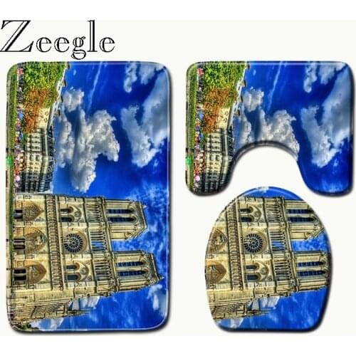 Zeegle Shower Mat Bath Rugs Memory 3 pcs Toilet Floor Mat Bathroom Rugs and Mat Set Notre Dame de Paris Printed Shower Carpet