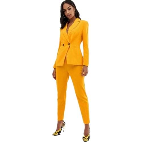 Yellow Double Breasted Peak Lapel Business Office Lady Womens Suit Set For Work Slim Fit Casual Plus Size Jacket Blazer Pants