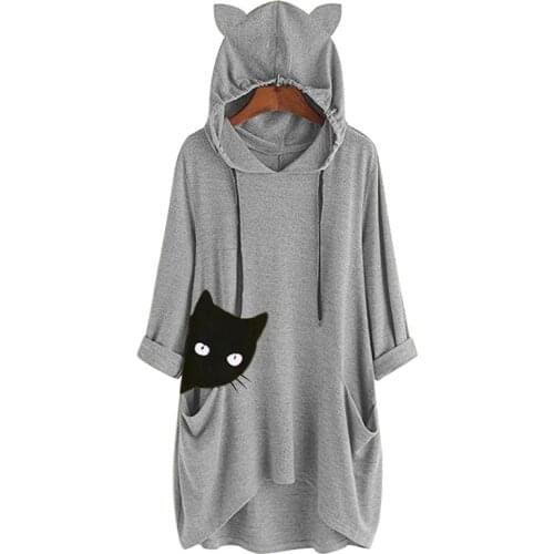 Cat Print Pocket Three Quarters Sleeve Midi Length Hoodies Women Casual Streetwear Cat Ear Design Oversized Hooded Tops