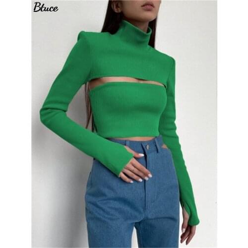 Womens Turtleneck Sexy Hollow Out Ribbing Knitted Sweaters Pullovers Female Two Piece Set Knitted Top Solid Basic Slim Jumper