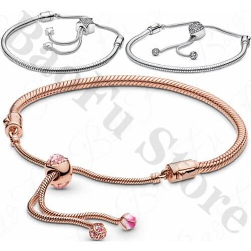 Original 100% 925 Sterling Silver Bracelet Love Peach Blossom Five-Pointed Star Adjustable Snake Chain Suitable For Luxury Women