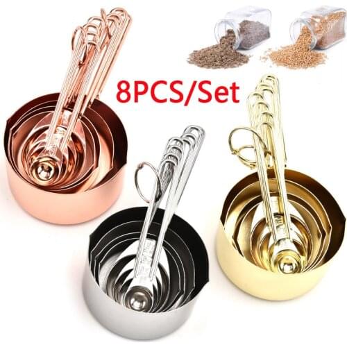 8PCS/set Stainless Steel Measuring Cups Rose Gold Measuring Spoons Set Tea Coffee Spoon Sets Kitchen Accessories