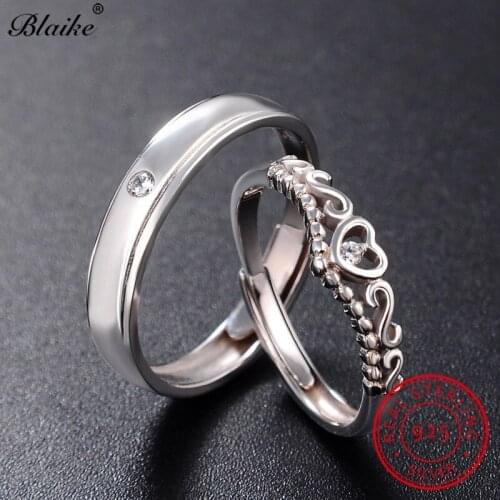 Blaike Real 925 Sterling Silver Rings For Women Men Cute Heart Crown Ring With Stone White Zircon Couple Engagement Ring Set