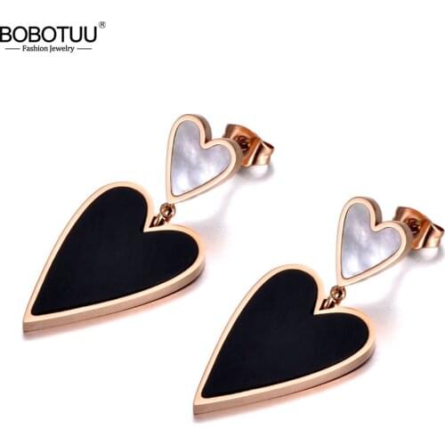 BOBOTUU New Titanium Stainless Steel Black Acrylic & White Shell Bohemia Earrings Double Heart Earrings For Women Girls BE20033