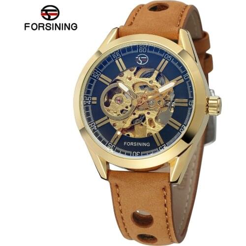 FORSINING Mens Exposed Mechanical Watch Vintage Skeleton Clock Male Antique Steampunk Casual Automatic Leather Strap Watches