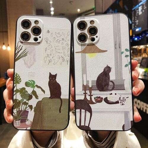 Relief Painting Phone Case For iPhone 11 ProMax 7 8 Plus X XR XS Max 12 Pro Max Cute Cat Flower Matte Back Cover Coque 12 Shell