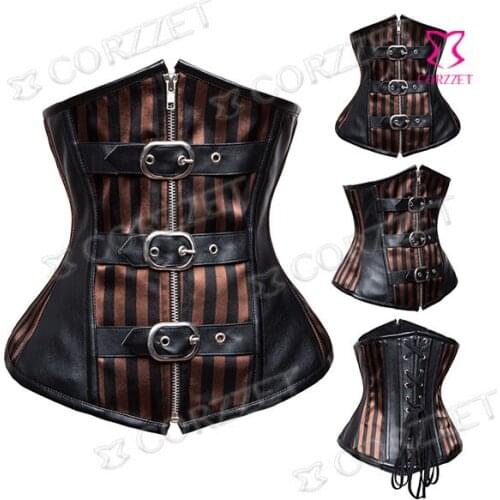 Black Leather&Satin Steel Boned Waist Trainer Corsets And Bustiers Women Corset Underbust Steampunk Corselet Sexy Waist Cincher