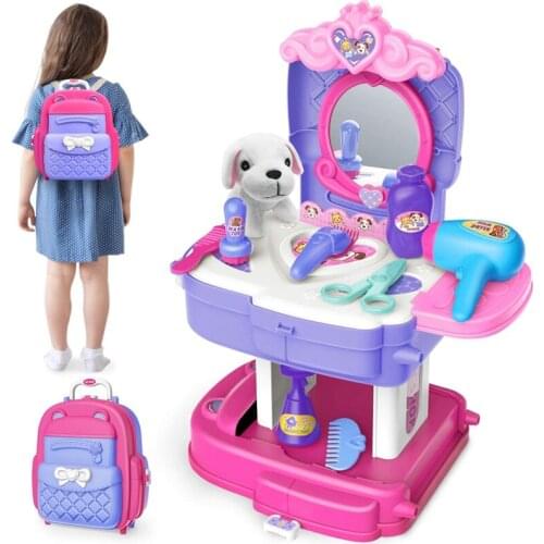 Kids Pet Care Grooming Toy Pet Beauty Salon Toys Set Dog Care Role Play Backpack Games Pretend Play Toy Pet Groomer Kit