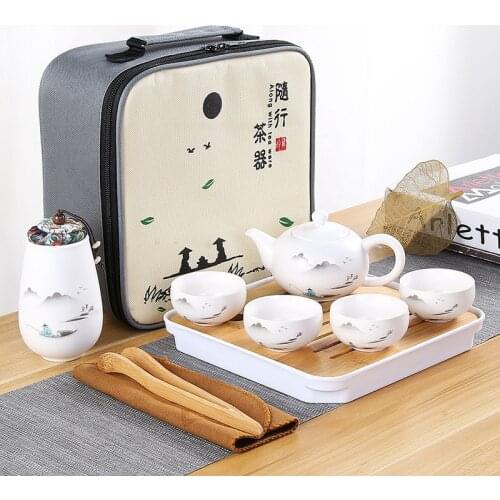 Ceramic Teapot One Pot Four Cup Outdoor Travel Kung Fu Teapot Tote Bag Travel Cup Set Tcup Gift Tea Set Chinese Tea Set Designer
