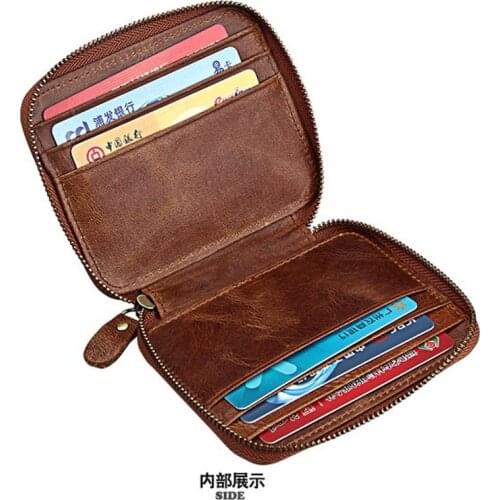 Short Genuine Leather Zipper Wallet Mens Crazy Horse Leather Multi-function Card Holder Retro Coin Purse