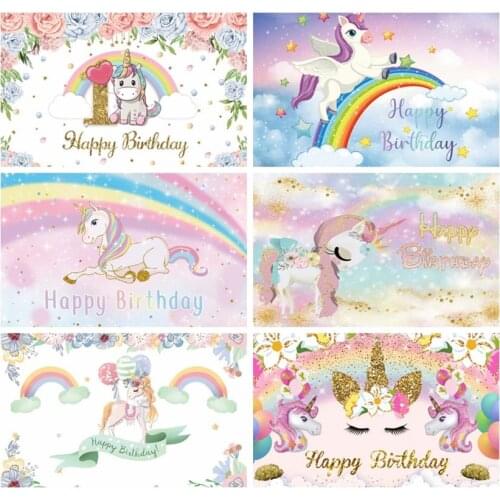 Laeacco Unicorn Birthday Party Backdrops Rainbow Clouds Stars Flowers Light Bokeh Newborn Baby Shower Photography Backgrounds