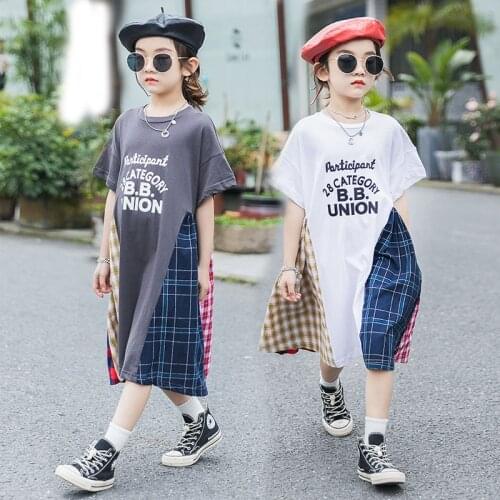 Teen Girls Summer Dress Plaid Patchwork Casual Dresses for Girls Clothing Short Sleeve Letter Printing Kids Dress 12 13 14 Years