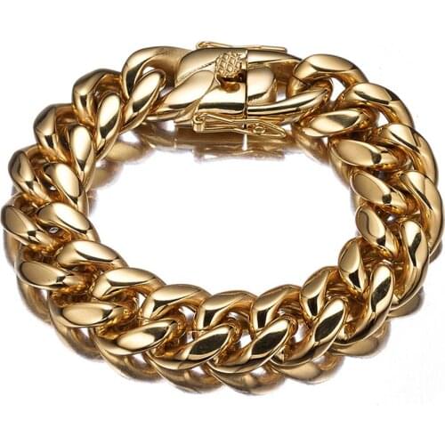 New Arrival 18mm 316L Stainless Steel Miami Curb Cuban Link Chain Gold Color Bracelet Mens Link jewelry Bangles