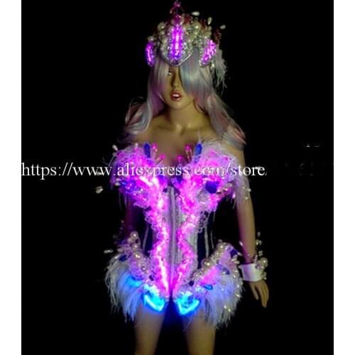New Arrival Fashion Led Luminous Ballroom Women Costume Sexy Lady Dancing Nightclub Party Stage Dress Clothing With Headwear