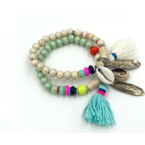 New European Boho Jewelry Handcrafted Beaded Bracelet With Tassel Charms Antique Silver Leaf Charm Bracelets For Women