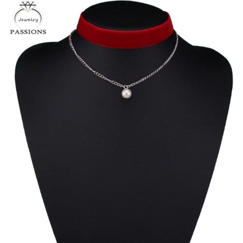 PASSIONS Fashion Jewelry Pearl Pendent Choker Necklace Double Layers Colorful Short Choker Ribbon Necklace For Women&Girl