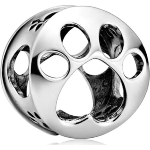 Romantic 925 Sterling Silver Pavé Silver Hollow Cat Claw Hollow Beaded Charm Fit Pandora Bracelet DIY Necklace Pet Pendant