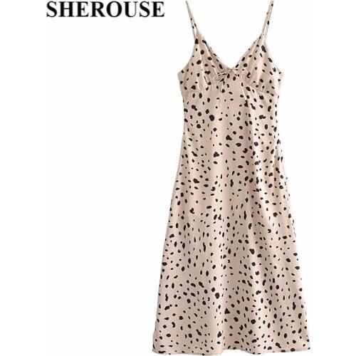 SHEROUSE 2021 Women Fashion Printed Backless Midi Dress V-Neck Thin Straps Vintage Female Dresses Robe Femme