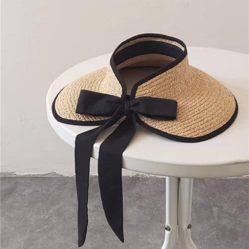 Summer Empty Top Straw Hat For Women Handmade Raffia Large Brim Casual Hat Bowknot Black Ribbon Decoration Beach Bonnet Enfant