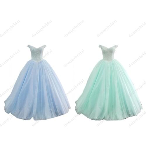 Light Blue Mint Ball Gown Prom Quinceanera Dresses 2021 V neck Cap Short Sleeves Pearls Beaded Top Tulle Long Cheap Corset