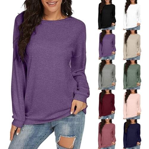 Oversized Woman Long Sleeve T-shirt Solid Color Sweatshirt Tee Round Neck Pullover Blouse Casual Home Wear Tops Women Clothing