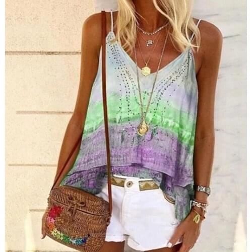 Women Boho Sleeveless V Neck Stitched Hem Gradient Color Blouse Top Camisole V Neck Stitched Gradient Color Blouse Top Camisole