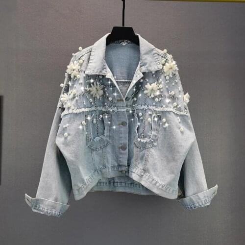 2021 Spring And Autumn Denim Jacket New Womens Pearl Rhinestone Embroidery Fashion Loose Slim Denim Jacket