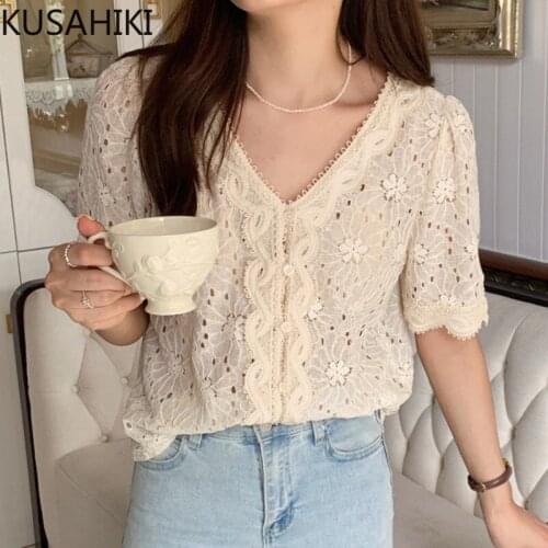 KUSAHIKI Lace Shirt Korean Hollow-out Hook Women Blouses Causal V-neck Puff Sleeve Shirts Summer New Blusas Tops Mujer 6J923