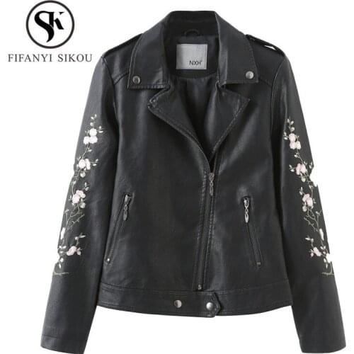2019 Spring Autumn Fashion Faux Leather Jacket women Long sleeve Motorcyle Jackets Ladies Zippers Embroidery Black Biker coat