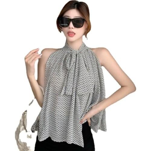 2021 Brand New Women Chiffon Blouse Halter Neck Bowtie Collar Two-wear Printing Shirts Women Summer Tops Blusa Mujer