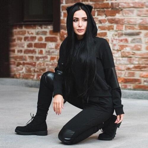 2019 Limited Cotton Full Drawstring Spring New Casual Suit Street Hooded For Cat Ears Pu Leather Stitching Two-piece Woman