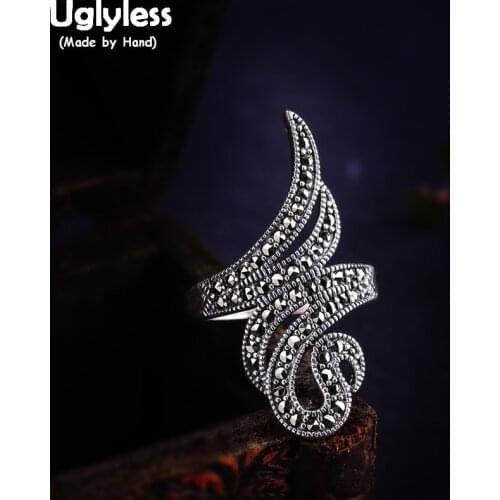 Uglyless Creative Abstract Snake Wide Rings Women Exaggerated Irregular Animals Open Ring Marcasite 925 Silver Fine Jewelry R886