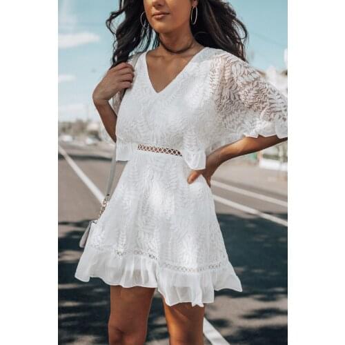 Women lace dress summer dress female fashion v-neck half sleeve hollow out mini dress white dress 2020 new beach vacation dress