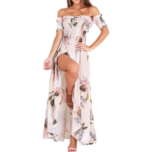 Women Casual Long Dress, Short Sleeve Boat Neck Off Shoulder Floral Printed Pattern High Split Dresses Summer