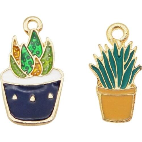 Julie Wang 10PCS Enamel Potted Plants Cactus Aloe Charms Bracelet Necklace Decor Pendant DIY Jewelry Making Findings Accessory
