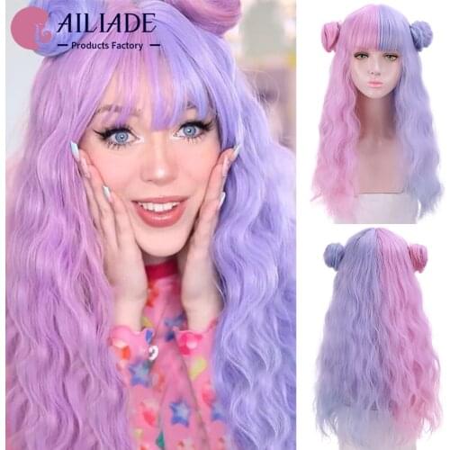AILIADE Long Water Wavy Lolita Wigs for Women Synthetic Cosplay Wig With Bangs Ombre Pink Blue Heat Resistant Daily Wigs