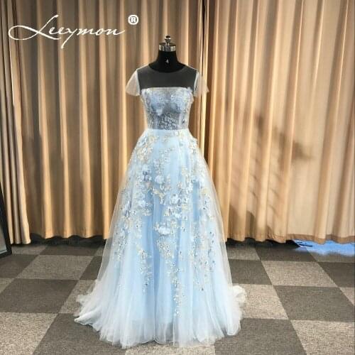 Pale Blue Embroidery Prom Dress Fashion Elegant Tulle Beaded Flowers Appliques Women Formal Dress vestido de noiva