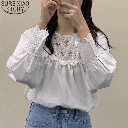 Blusas White Tops Embroidery Woman Shirts Long Sleeve Women Blouses Korean Style Hollow-out O-neck Sweet Lace Blouse 10839