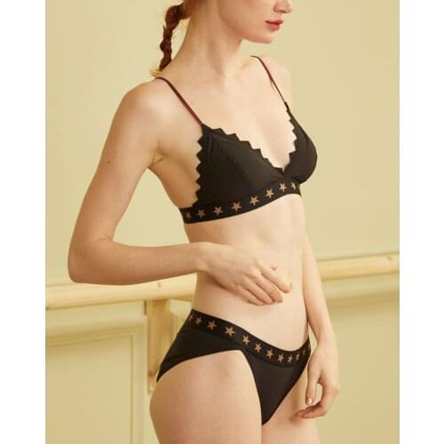 EFIOLY Women Black Bra Pantie Set Three Quarters Bralette Seamless Star Embroidered Lingerie Wireless Bra Pantie Sets For Women