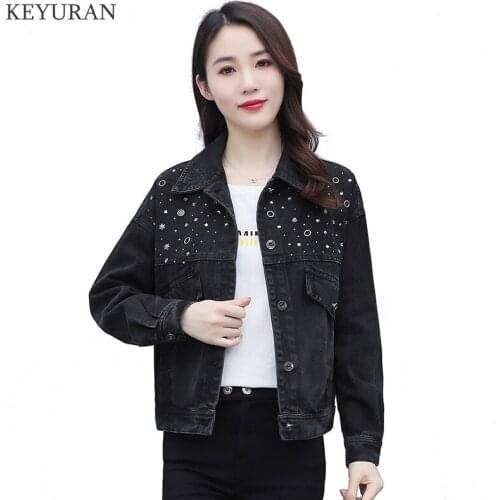 Black Fashion Beading Rivet Denim Jacket Women Loose Short Jackets Ladies High Quality Jeans Jacket Basic Coats Streetwear